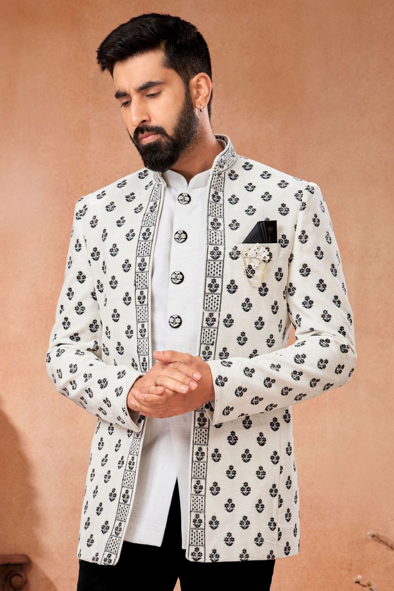 White Wedding Wear Readymade Glamorous Jodhpuri Jacket For Men In Velvet Fabric