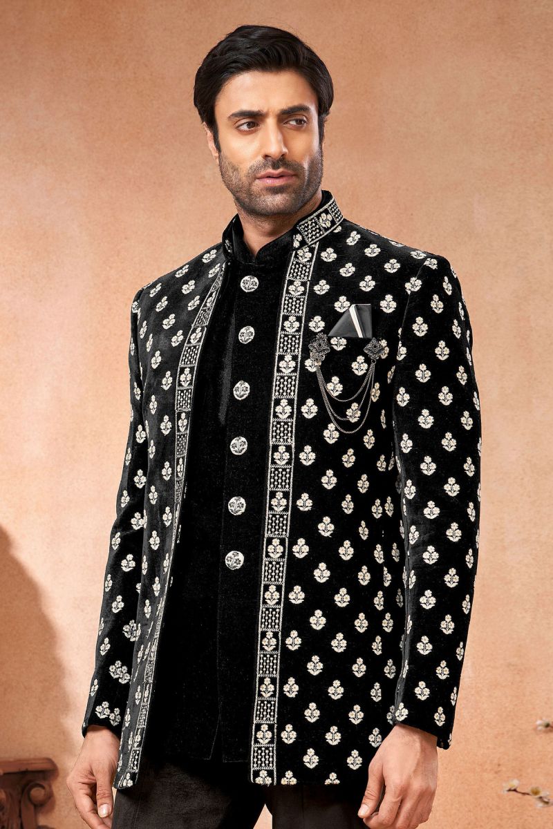 Black Velvet Fabric Graceful Readymade Men Jodhpuri Jacket For Wedding Function