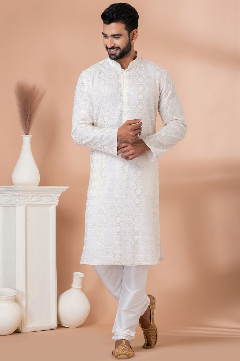 White Sequins Embroidery Georgette Function Wear Fancy Readymade Kurta Pyjama For Men