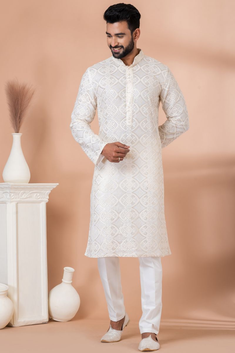 White Sangeet Wear Georgette Sequins Embroidery Designer Readymade Kurta Pyjama For Men