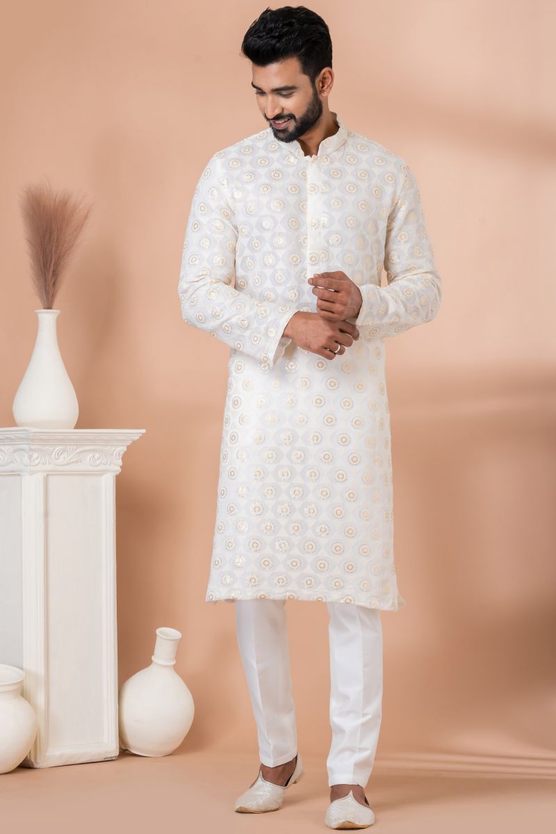 Sequins Embroidery Appealing White Georgette Function Wear Readymade Kurta Pyjama For Men