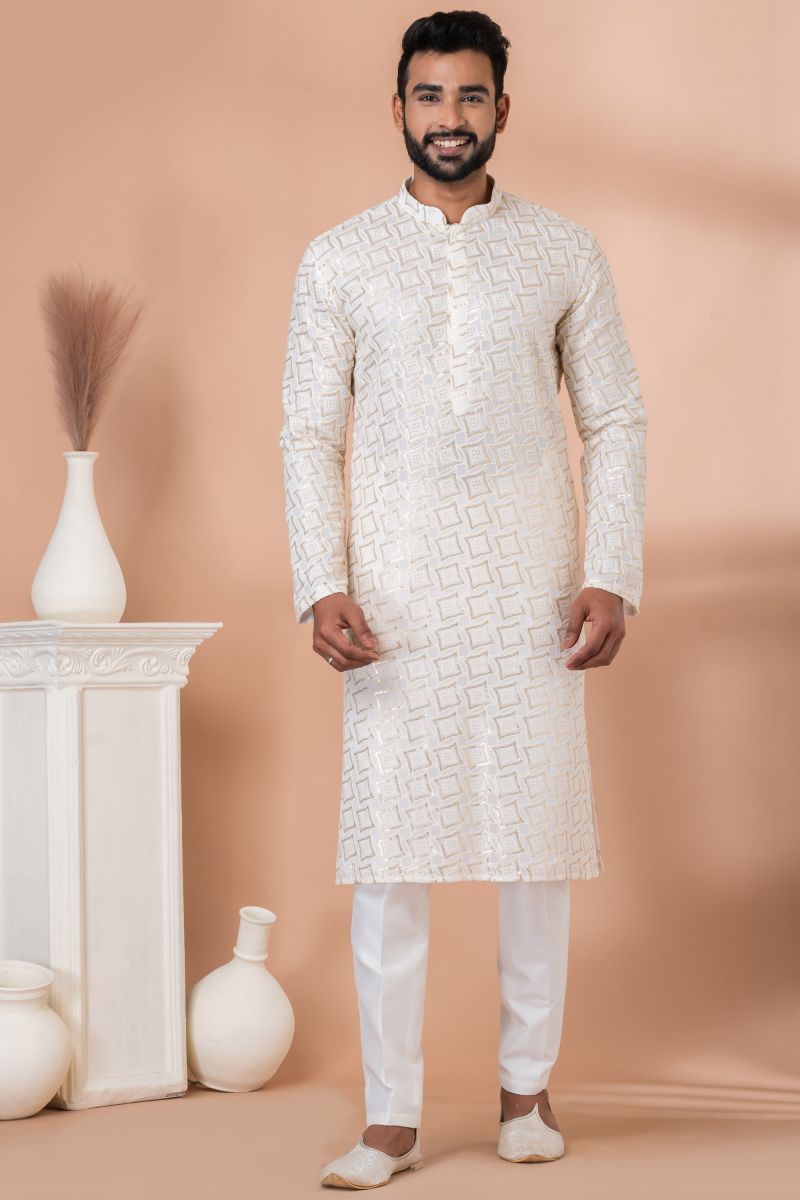 White Sequins Embroidery Georgette Reception Wear Striking Readymade Kurta Pyjama For Men