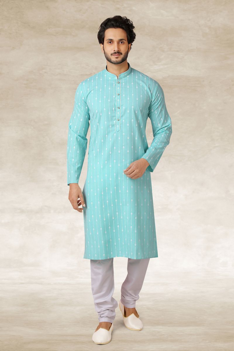 Printed Fancy Cyan Color Cotton Function Wear Readymade Kurta Pyjama For Men