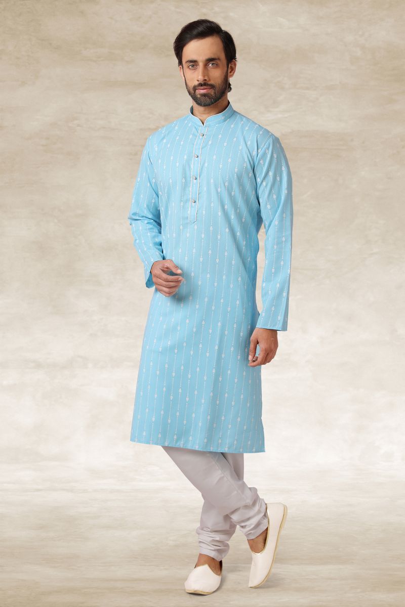 Sky Blue Cotton Printed Sangeet Wear Trendy Readymade Kurta Pyjama For Men