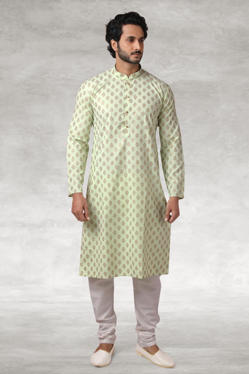 Printed Cotton Reception Wear Sea Green Color Readymade Kurta Pyjama For Men