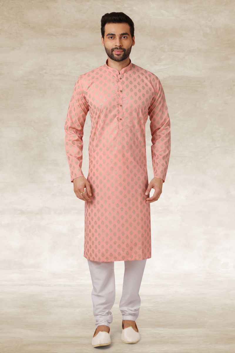 Printed Pink Color Function Wear Readymade Men Kurta Pyjama