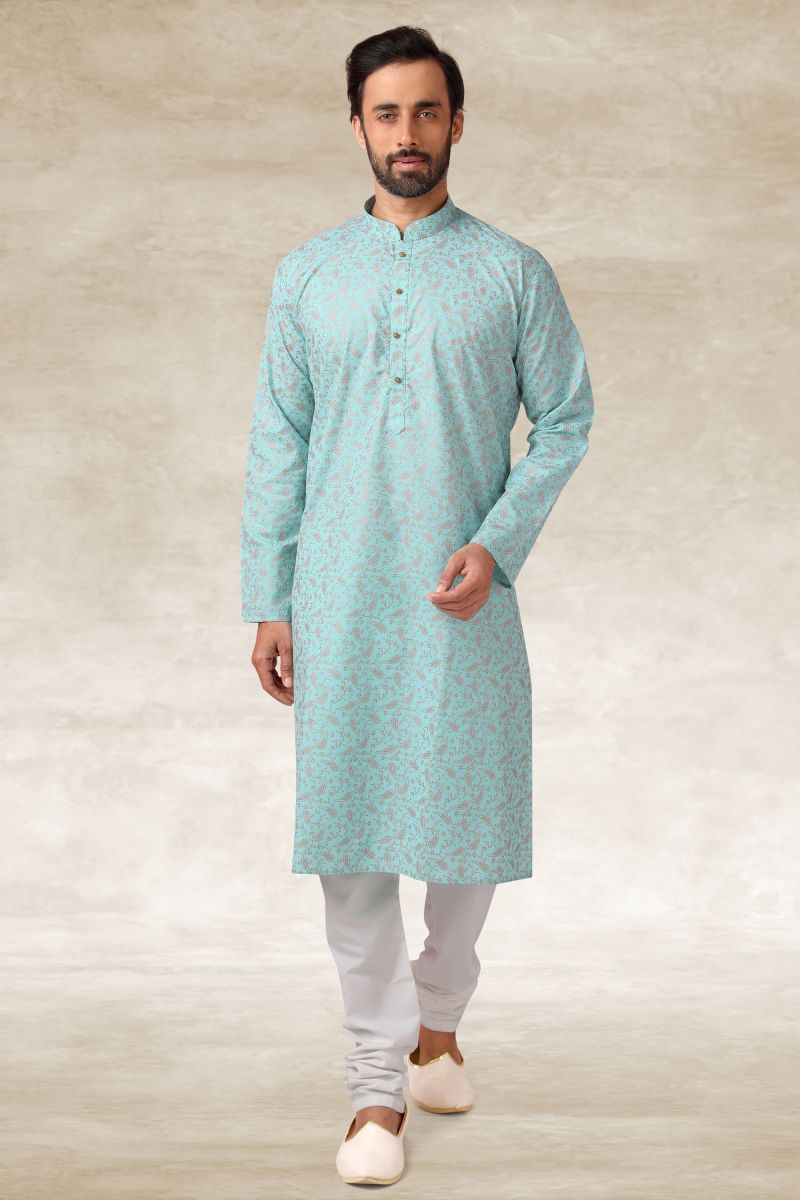 Cyan Color Cotton Festive Wear Lovely Printed Readymade Kurta Pyjama For Men