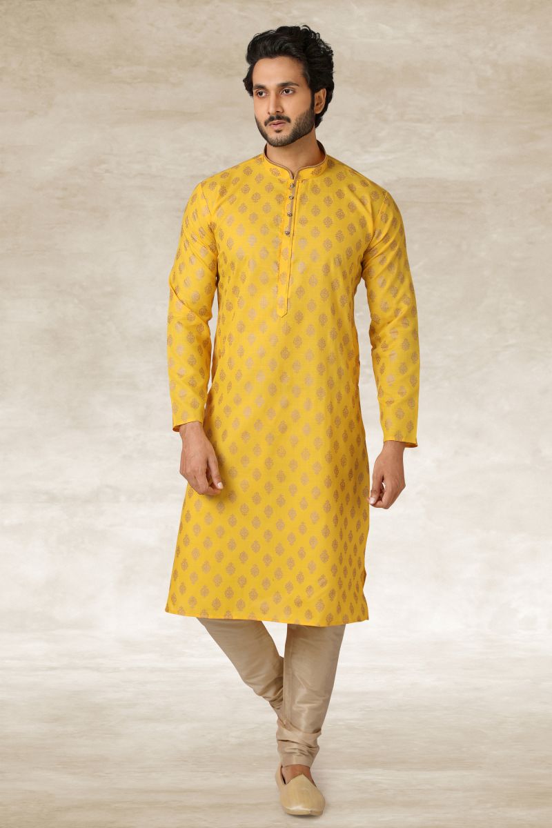 Printed Yellow Color Wedding Wear Readymade Kurta Pyjama For Men In Cotton Fabric