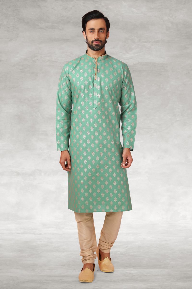 Sea Green Color Cotton Festive Wear Glamorous Printed Readymade Kurta Pyjama For Men