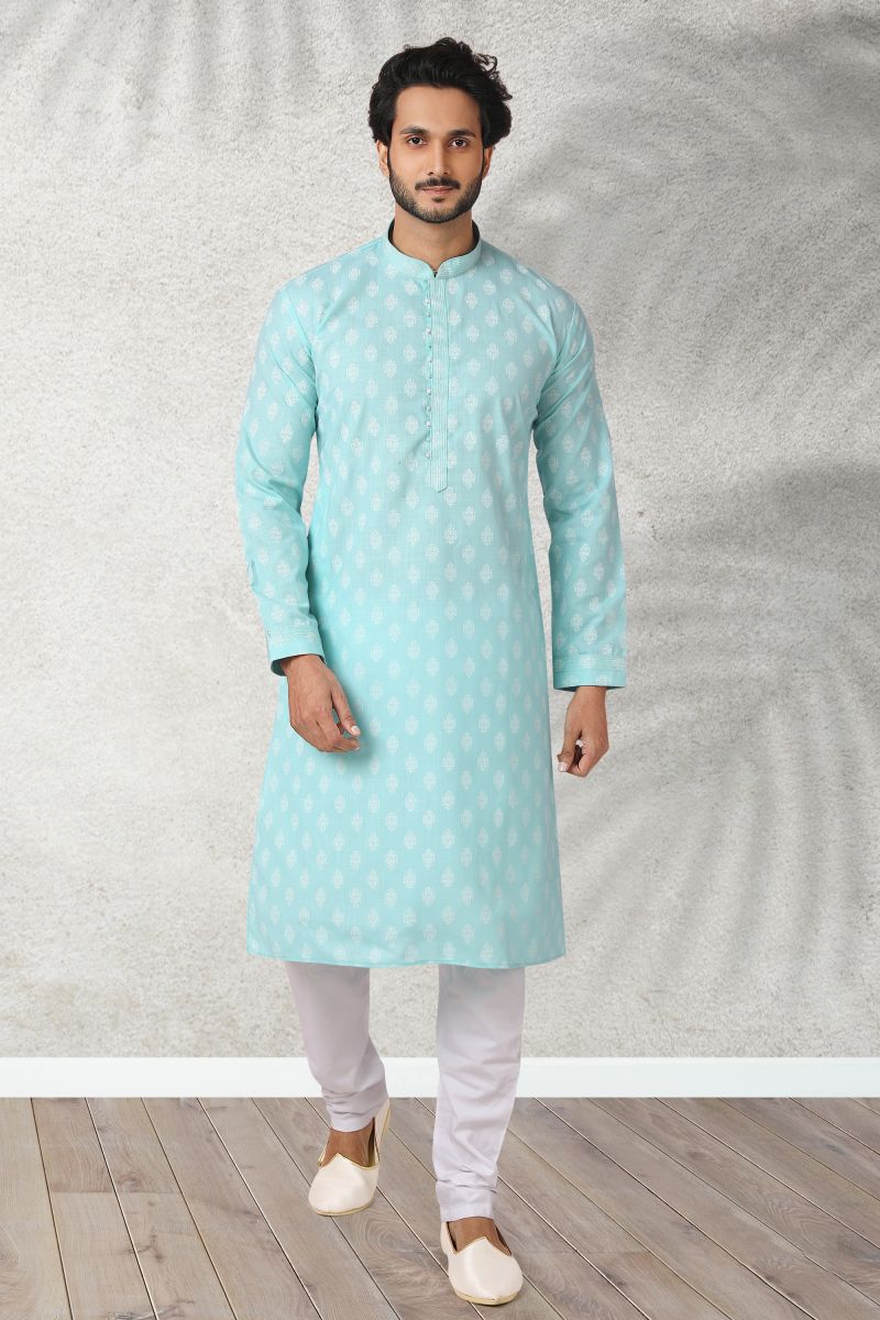 Light Cyan Color Sangeet Wear Cotton Printed Designer Readymade Kurta Pyjama For Men