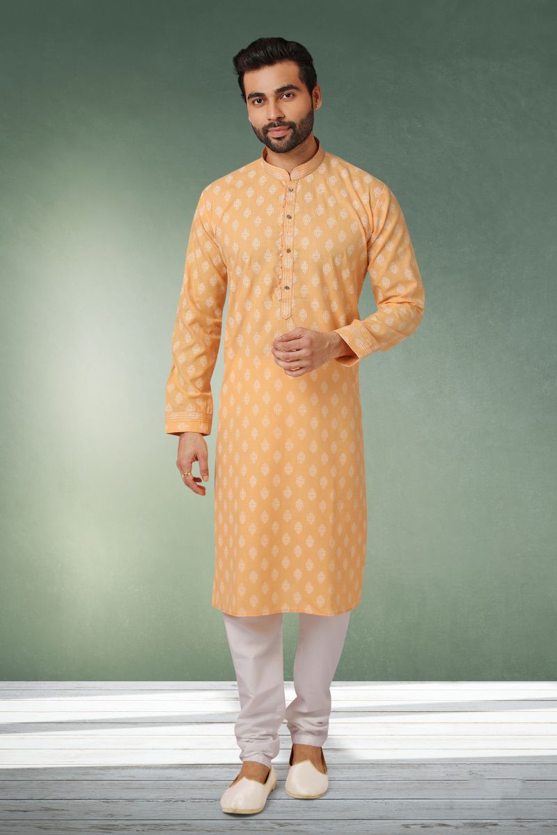 Printed Appealing Peach Color Cotton Function Wear Readymade Kurta Pyjama For Men