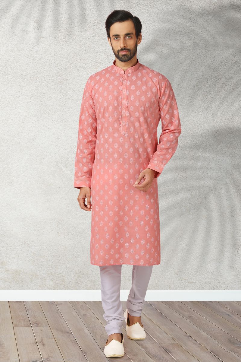 Pink Cotton Sangeet Wear Printed Readymade Kurta Pyjama For Men