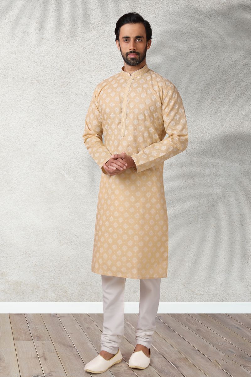 Printed Beige Color Gorgeous Cotton Wedding Wear Readymade Kurta Pyjama For Men