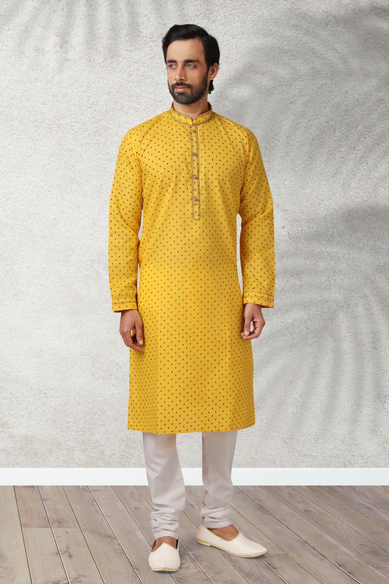 Yellow Color Festive Wear Printed Readymade Kurta Pyjama For Men