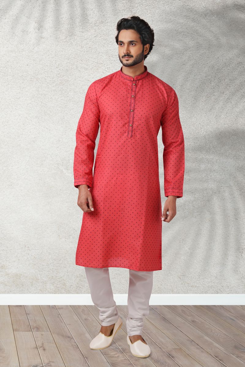 Printed Cotton Wedding Wear Readymade Kurta Pyjama For Men In Rani Color