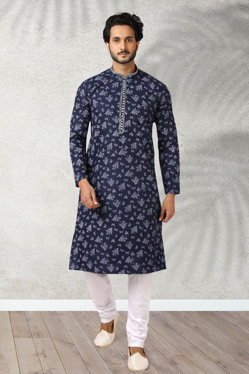 Cotton Printed Navy Blue Color Festive Wear Readymade Men Stylish Kurta Pyjama