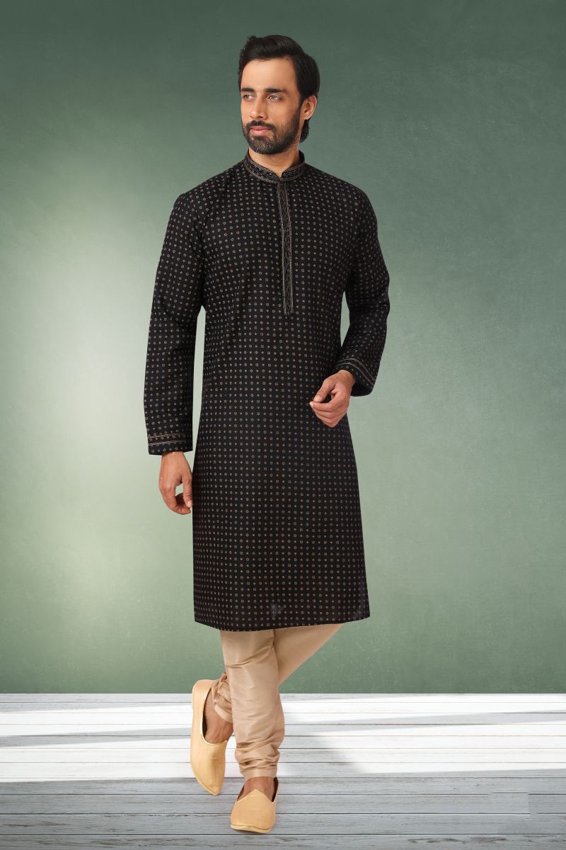 Black Cotton Printed Sangeet Wear Trendy Readymade Kurta Pyjama For Men