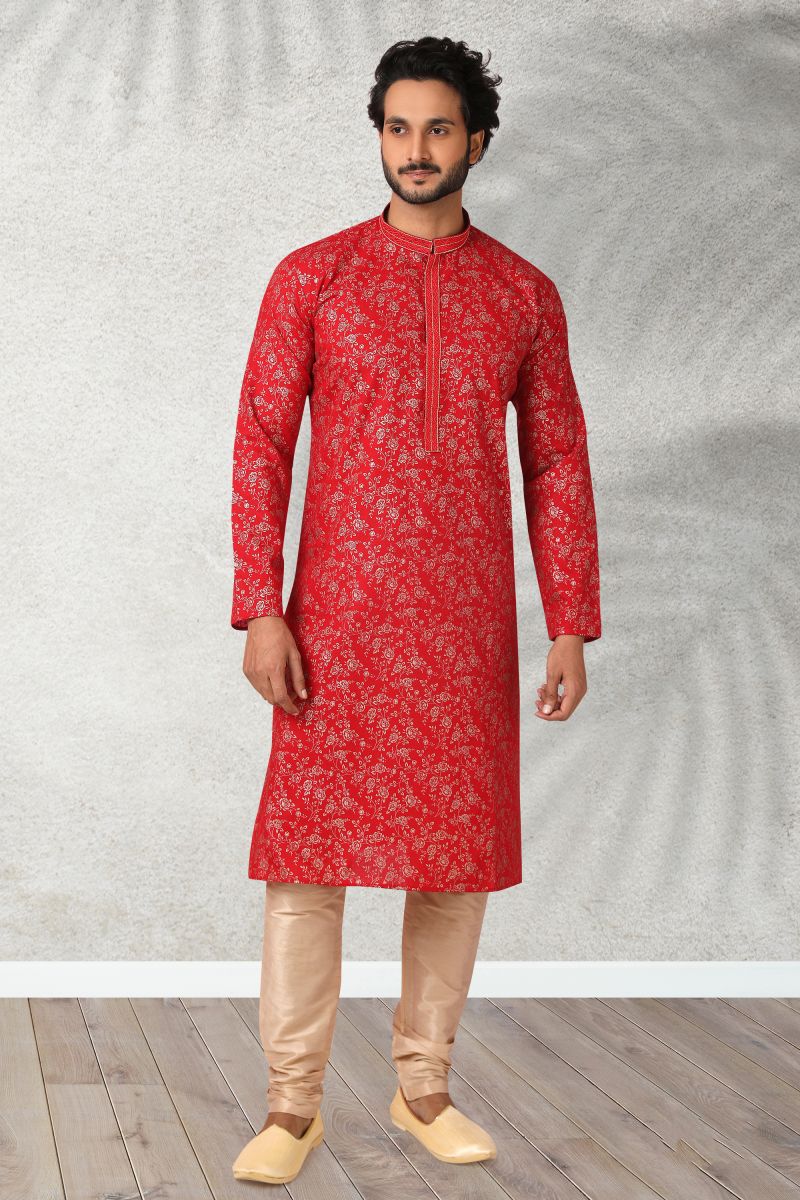 Printed Red Color Function Wear Readymade Men Kurta Pyjama