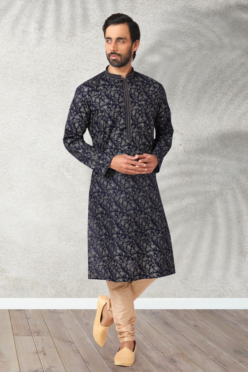 Navy Blue Color Cotton Festive Wear Readymade Lovely Printed Kurta Pyjama For Men