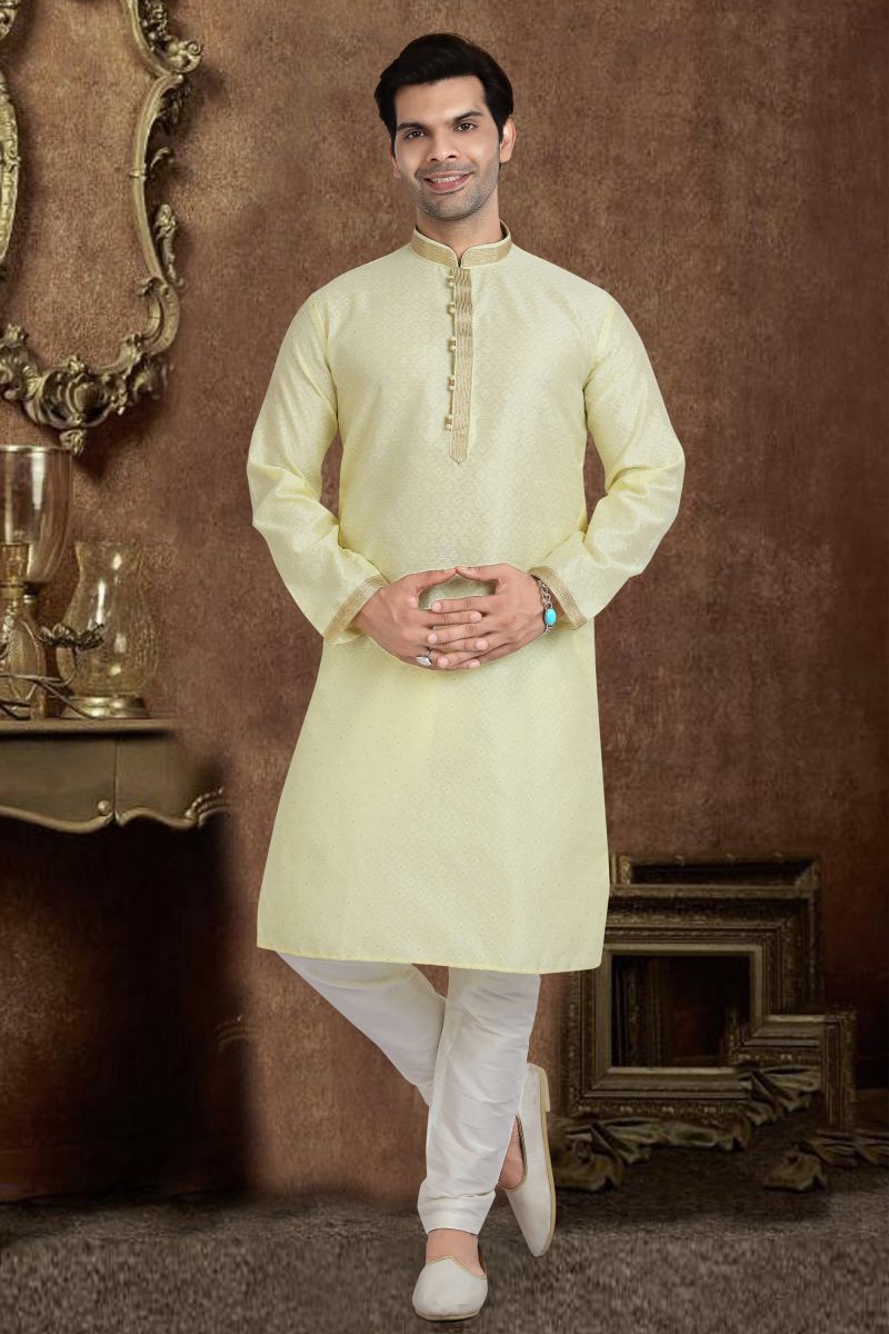 Yellow Color Readymade Jacquard Silk Kurta Pyjama For Men