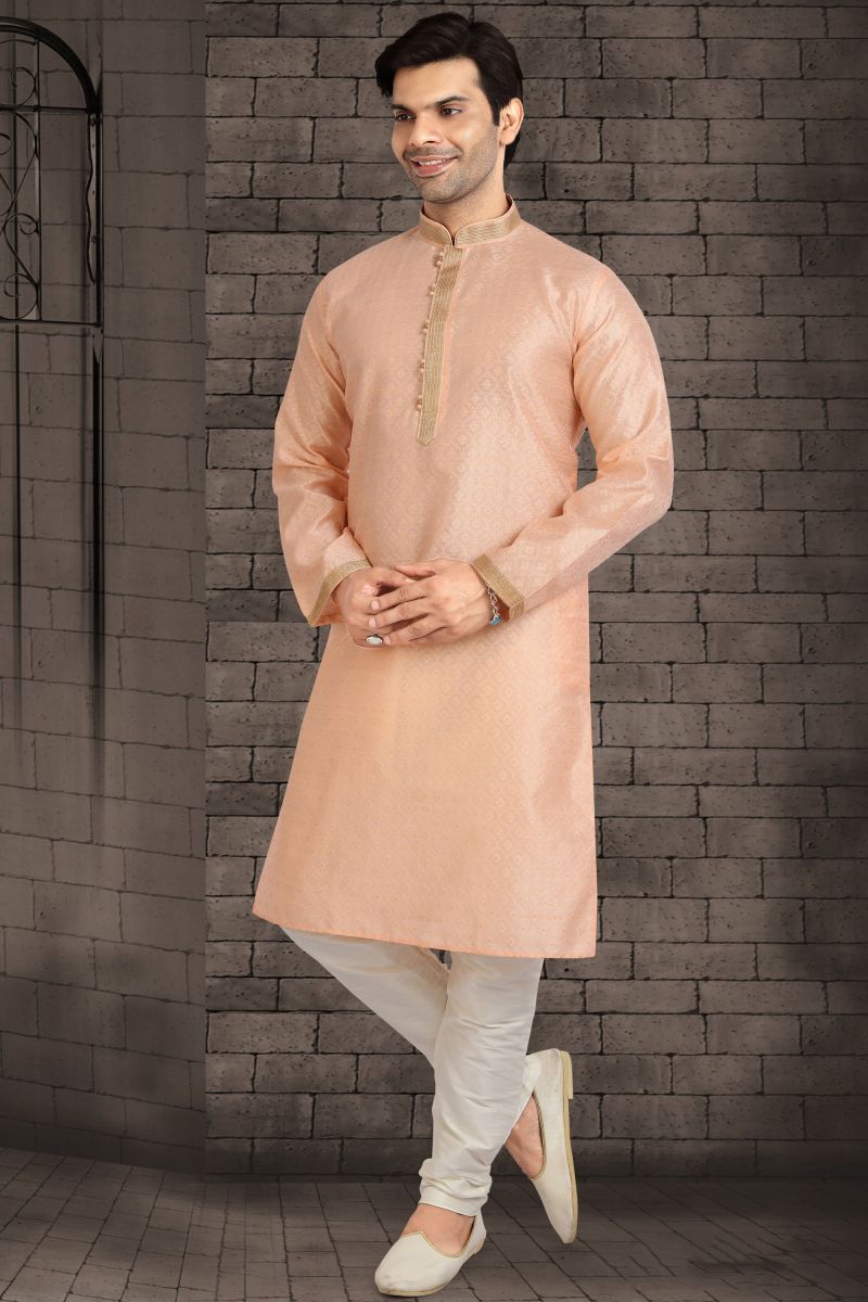 Jacquard Silk Readymade Peach Color Kurta Pyjama For Men