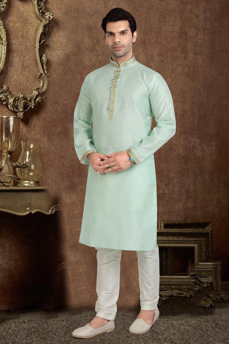 Sea Green Jacquard Silk Readymade Kurta Pyjama For Men