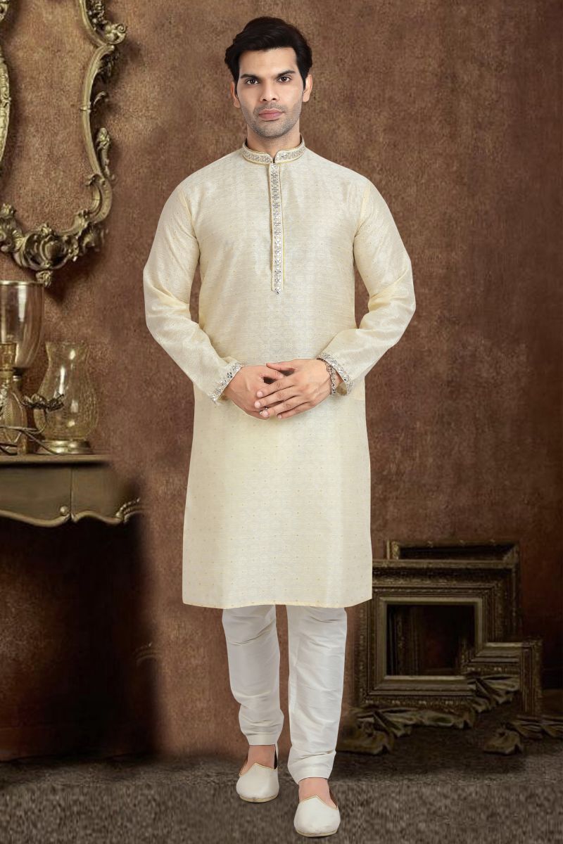 Jacquard Silk Cream Color Readymade Kurta Pyjama For Men