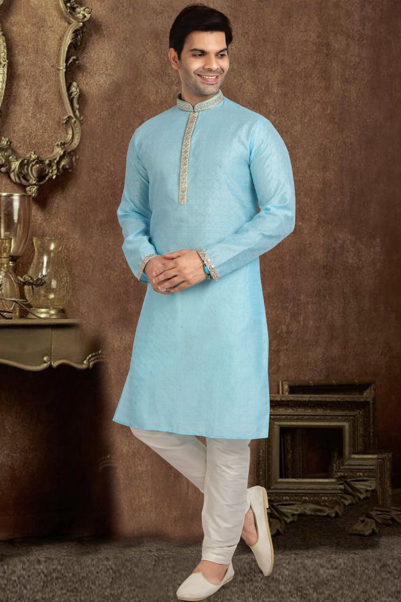 Sky Blue Color Jacquard Silk Fancy Readymade Kurta Pyjama For Men