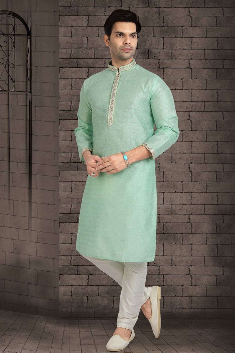 Jacquard Silk Sea Green Color Trendy Readymade Men Kurta Pyjama