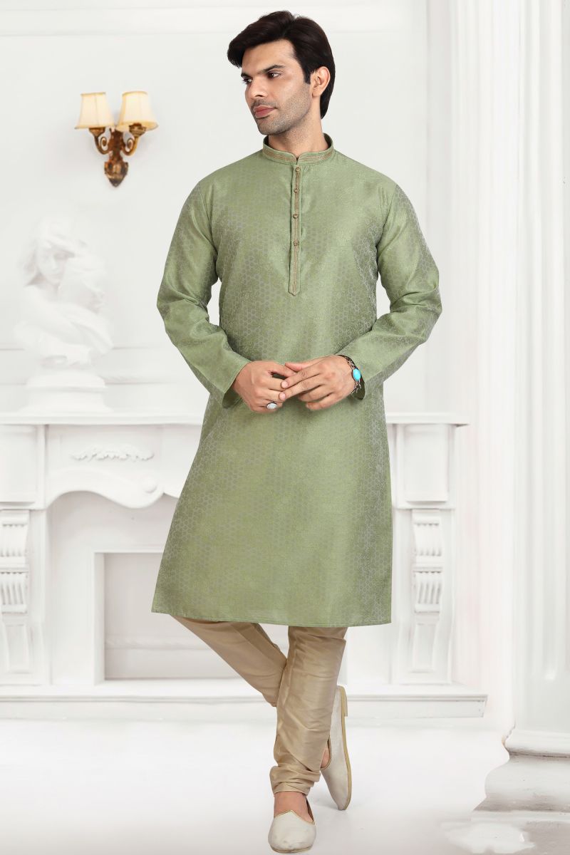 Sea Green Color Jacquard Silk Designer Readymade Kurta Pyjama For Men