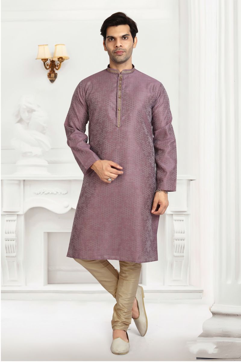 Lavender Color Jacquard Silk Readymade Kurta Pyjama For Men