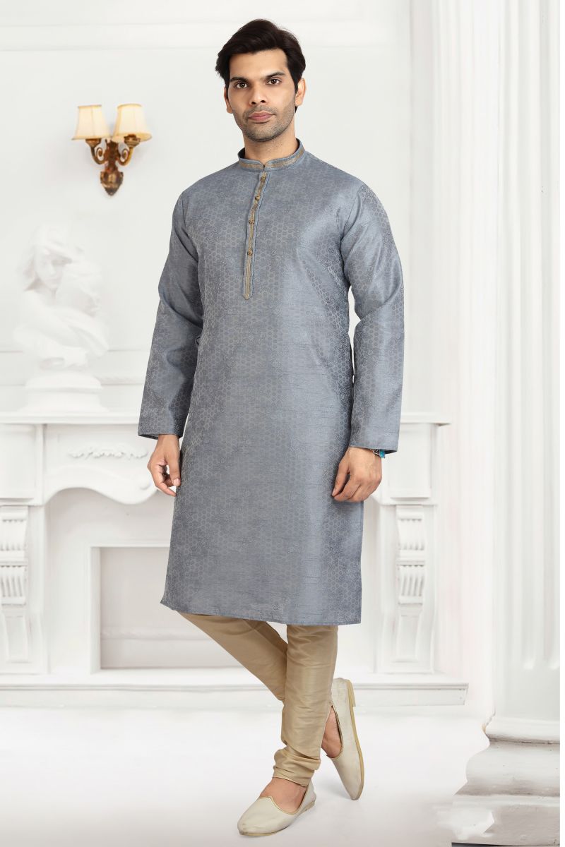 Grey Color Engaging Jacquard Silk Readymade Kurta Pyjama For Men