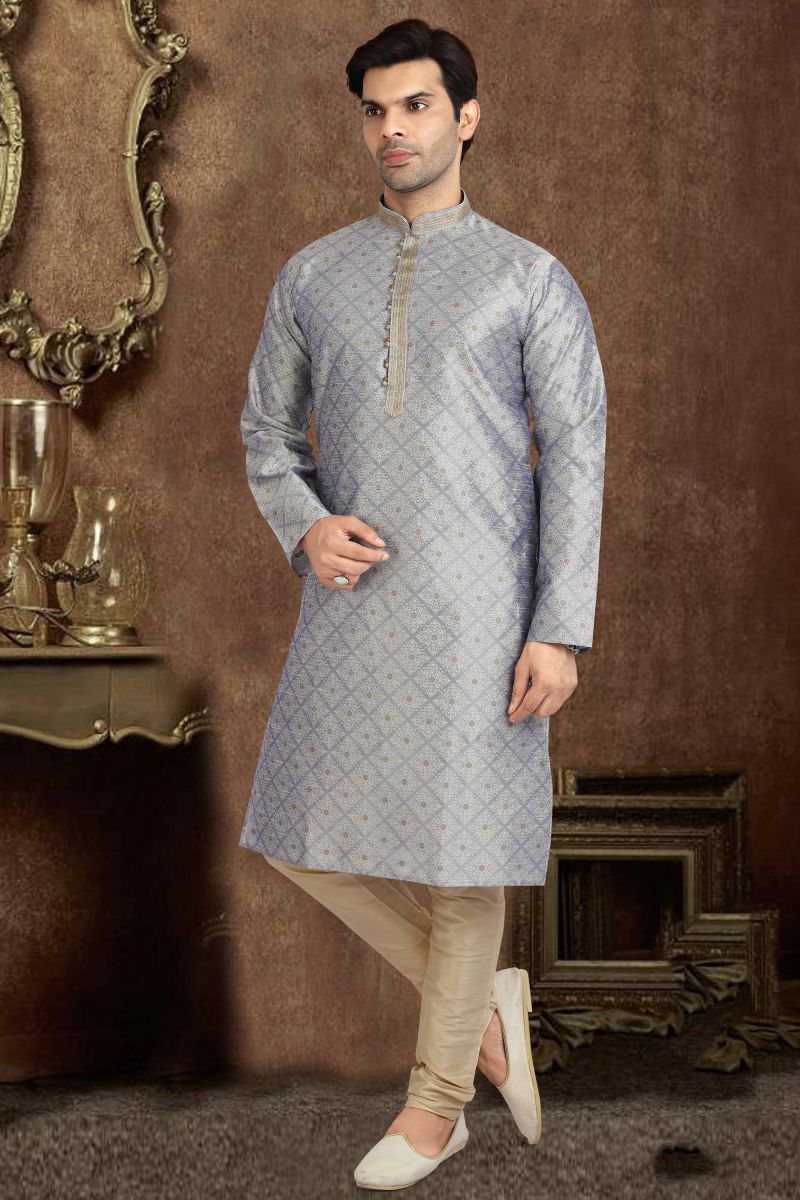 Grey Color Jacquard Silk Captivating Readymade Kurta Pyjama For Men