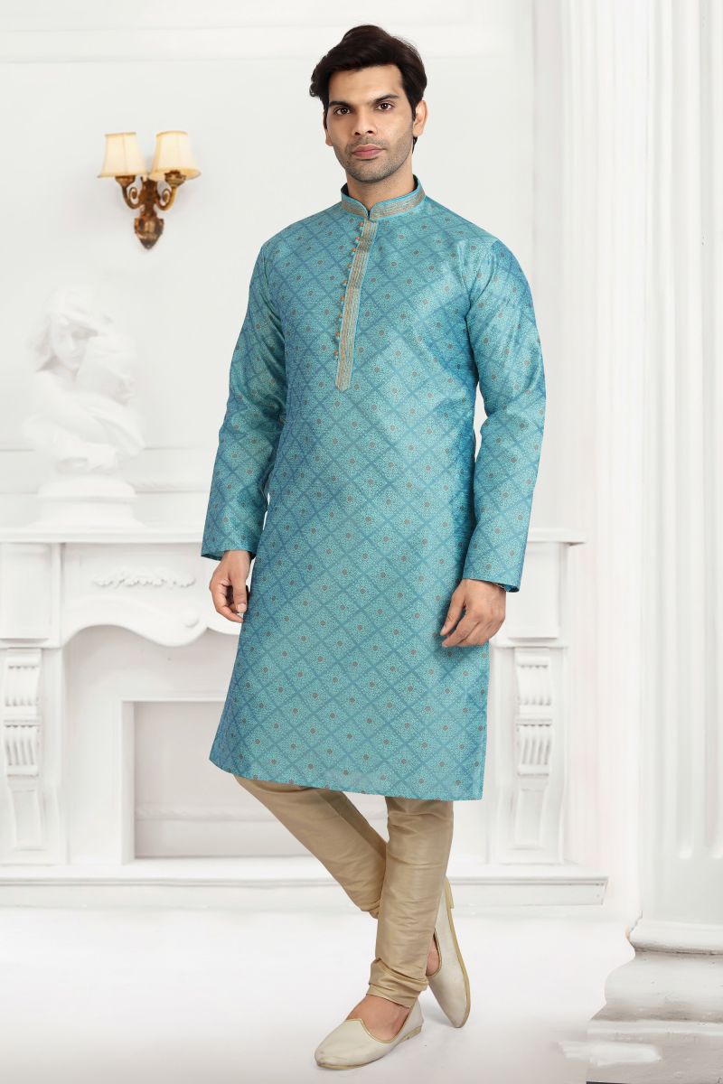 Cyan Jacquard Silk Readymade Kurta Pyjama For Men