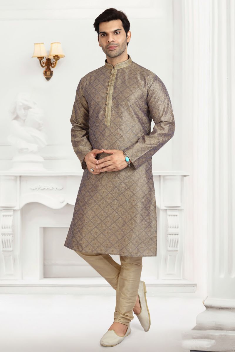 Dark Beige Color Gorgeous Jacquard Silk Readymade Kurta Pyjama For Men