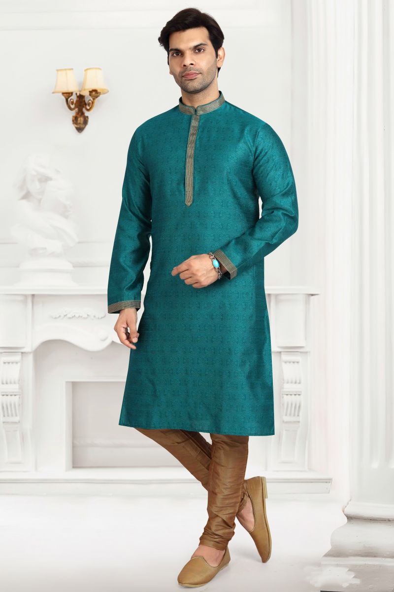 Teal Color Jacquard Silk Striking Readymade Kurta Pyjama For Men