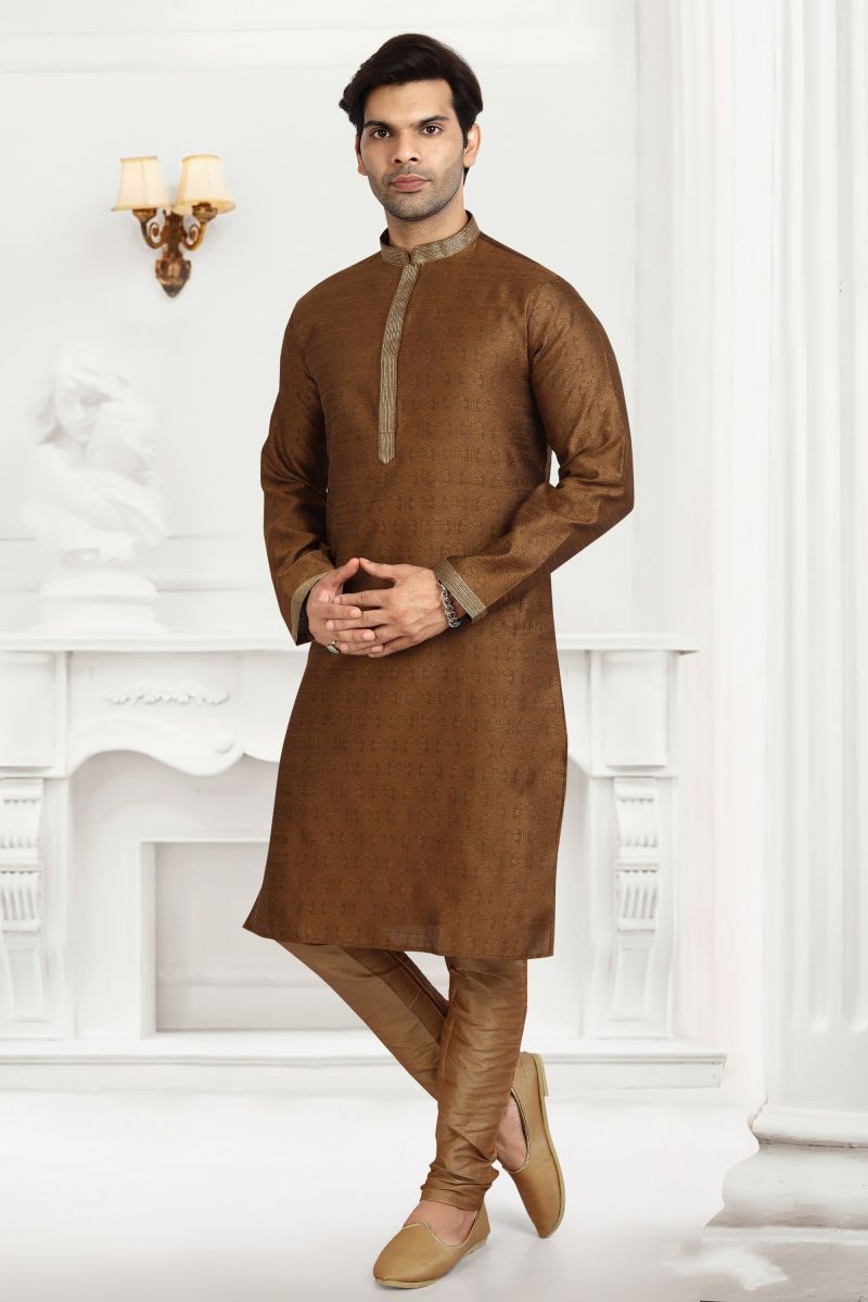 Brown Color Function Wear Stunning Jacquard Silk Readymade Kurta Pyjama For Men