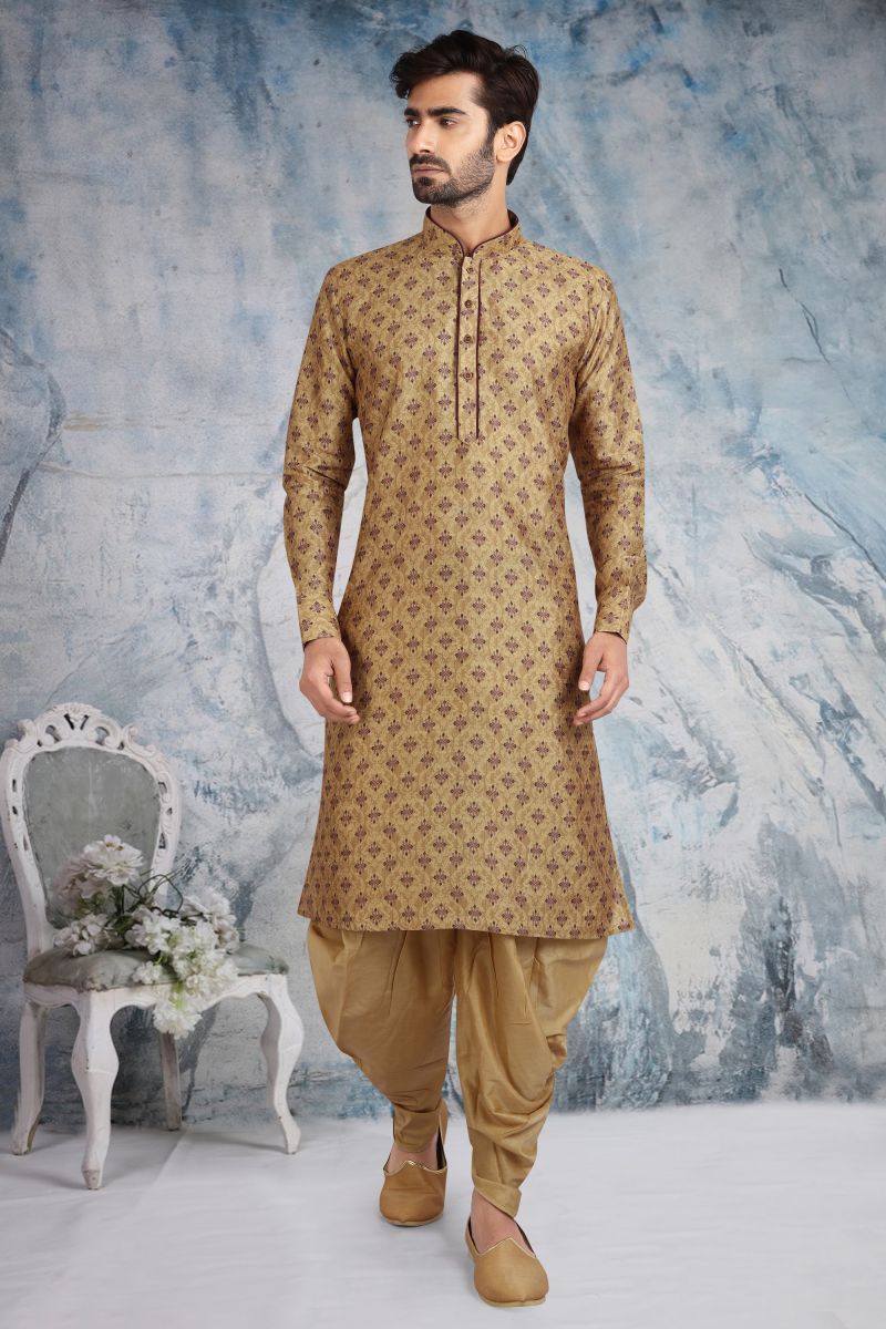 Printed Brown Color Reception Wear Readymade Banarasi Silk Peshawari Style Kurta Pyjama For Men