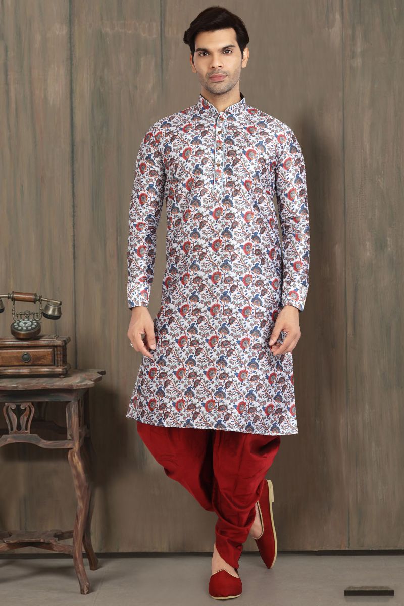 Banarasi Silk Printed Function Wear Readymade White Color Peshawari Style Kurta Pyjama For Men