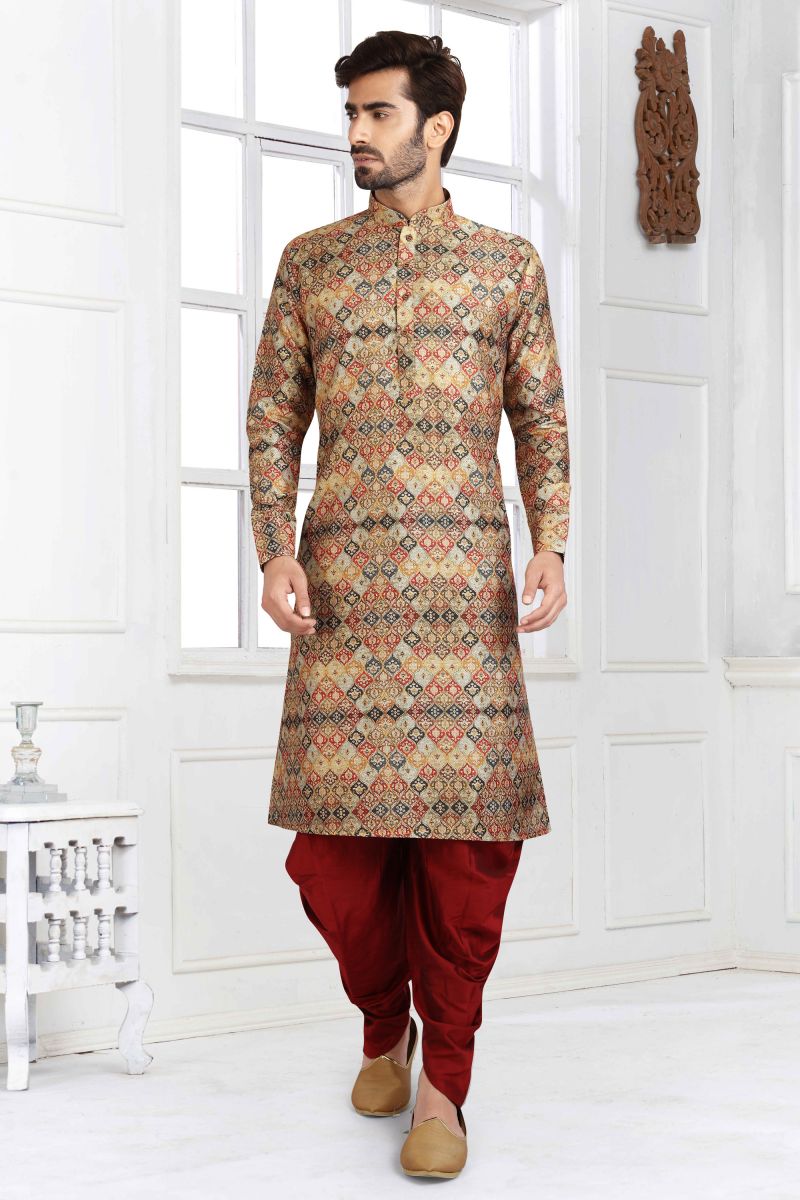 Multi Color Printed Banarasi Silk Function Wear Fancy Readymade Peshawari Style Kurta Pyjama For Men