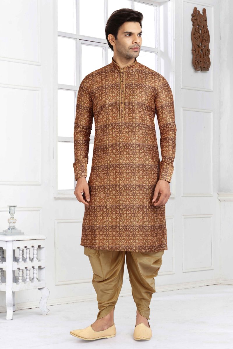 Banarasi Silk Brown Color Printed Festive Wear Trendy Readymade Men Peshawari Style Kurta Pyjama