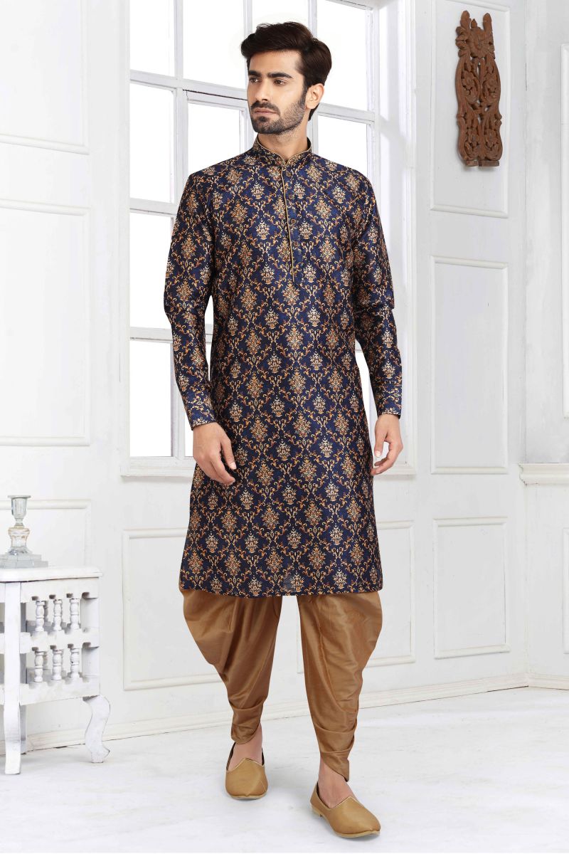 Navy Blue Color Sangeet Wear Banarasi Silk Printed Designer Readymade Peshawari Style Kurta Pyjama For Men