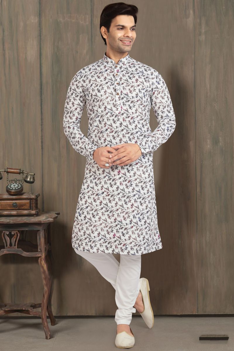 Printed Appealing Off White Color Cotton Function Wear Readymade Kurta Pyjama For Men