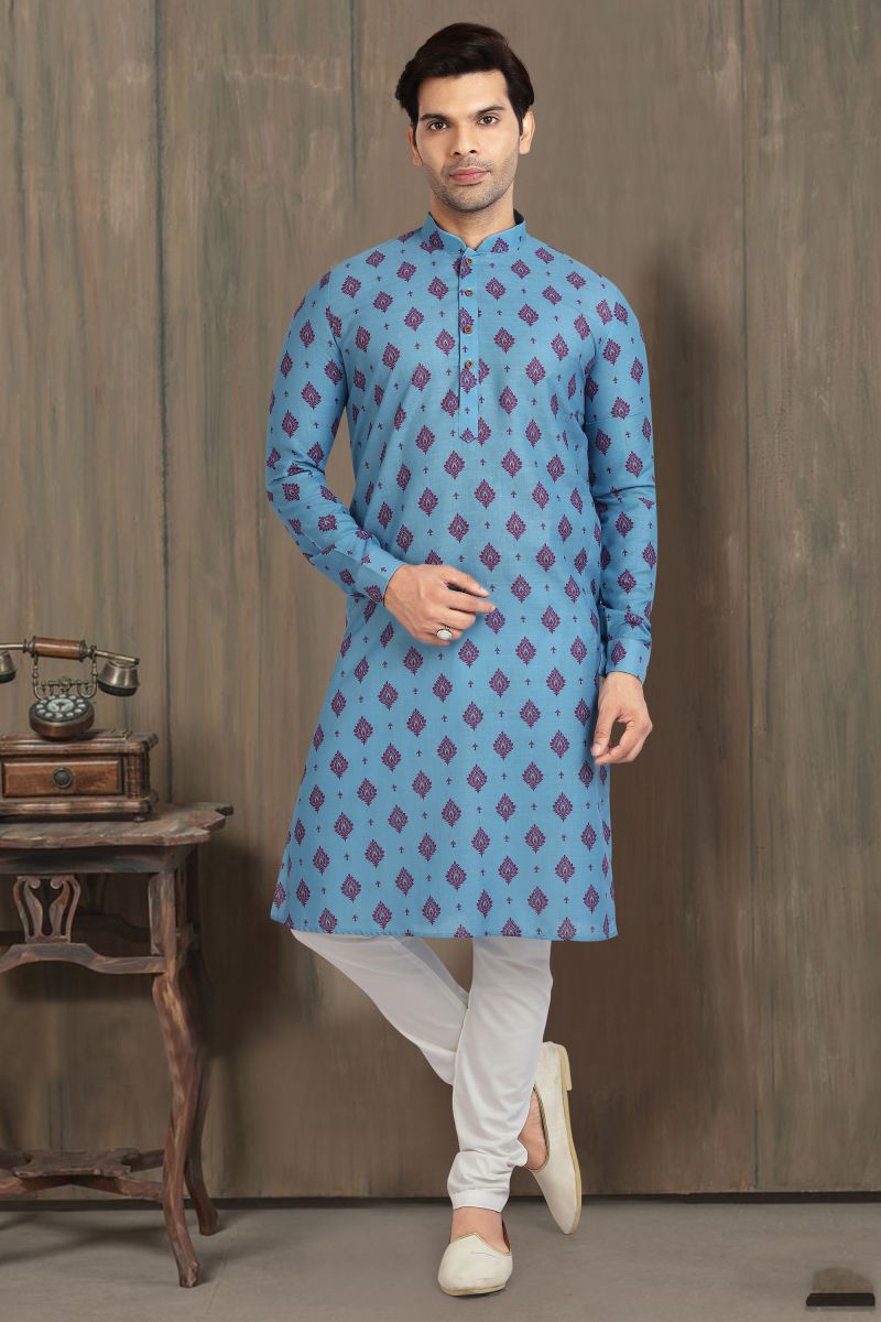 Cyan Color Cotton Printed Festive Wear Captivating Readymade Kurta Pyjama For Men