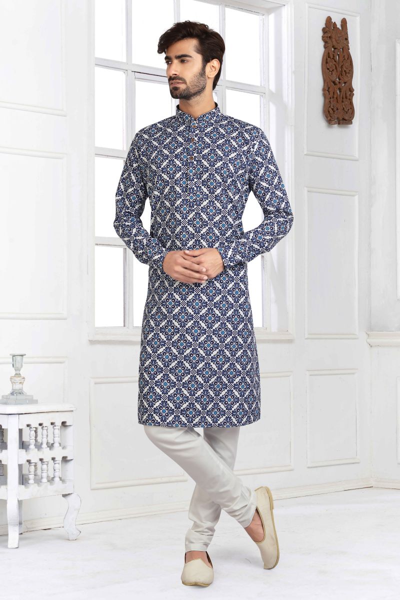 Blue Cotton Sangeet Wear Printed Readymade Kurta Pyjama For Men