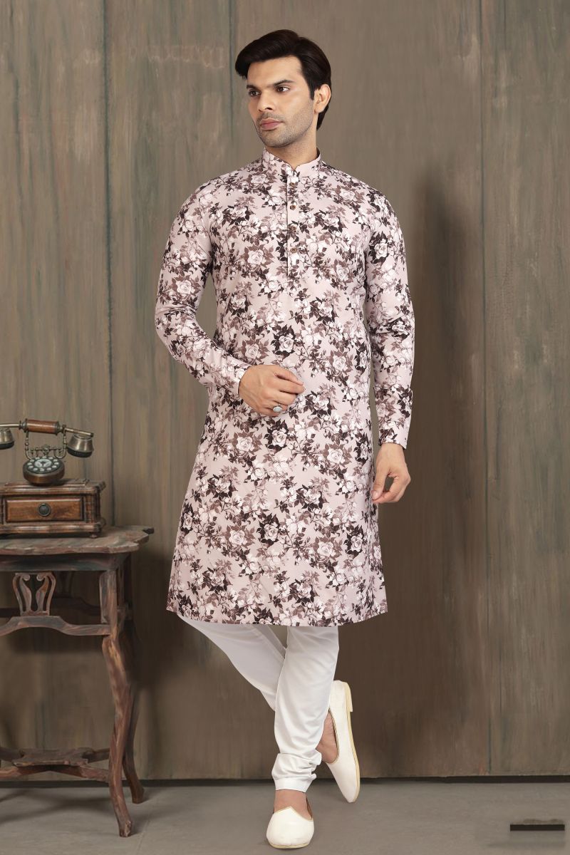 Beige Color Gorgeous Cotton Printed Function Wear Readymade Kurta Pyjama For Men