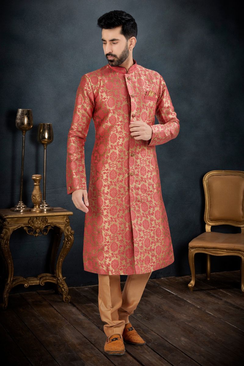 Banarasi Jacquard Lovely Pink Festive Wear Readymade Indo Western Suit For Men