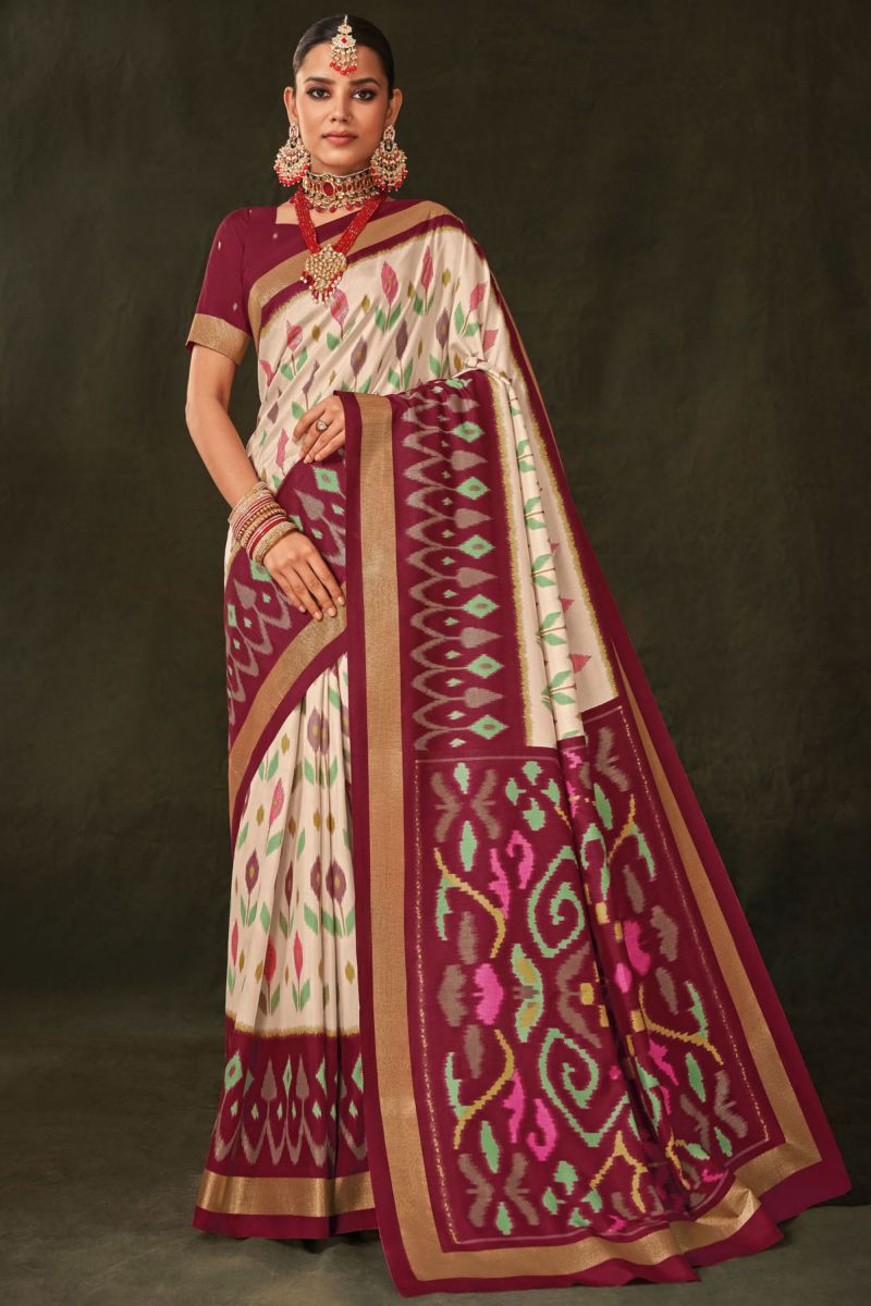 Art Silk Fabric Off White Color Saree With Printed Work