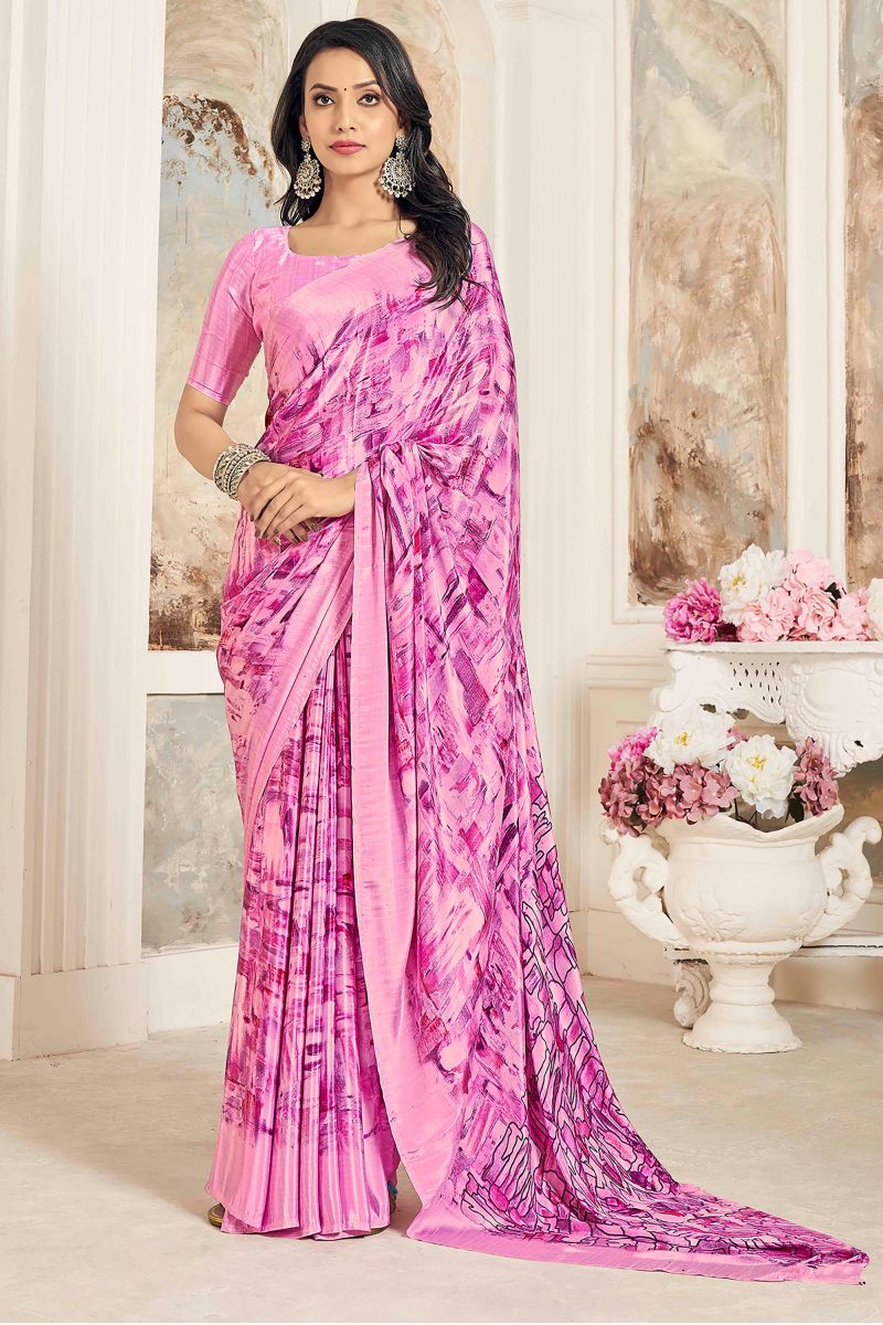 Printed Work On Crepe Silk Fabric Pink Color Saree