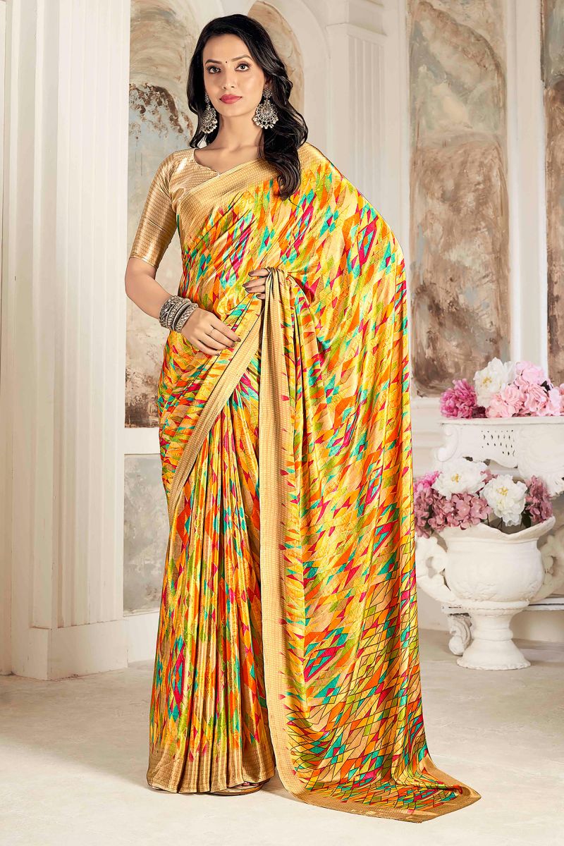 Crepe Silk Fabric Yellow Color Saree With Printed Work